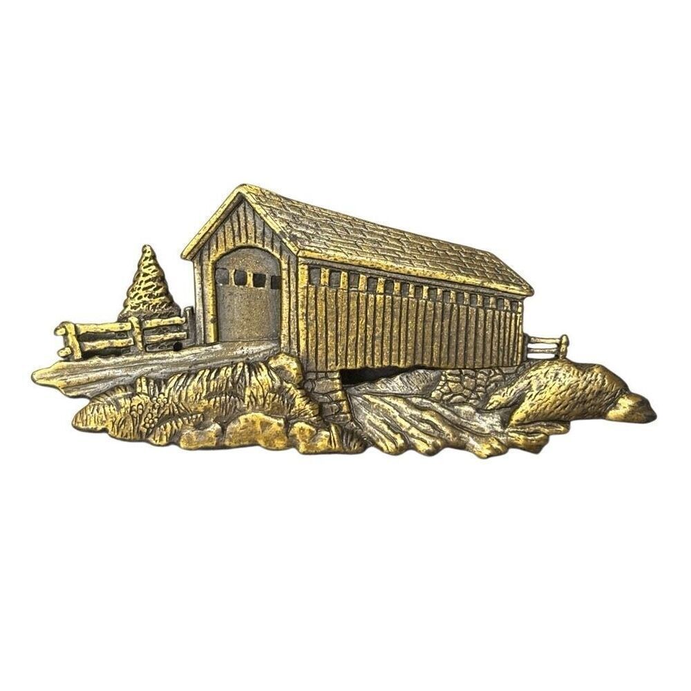 JJ Vintage Brass Tone Covered Bridge Brooch Pin